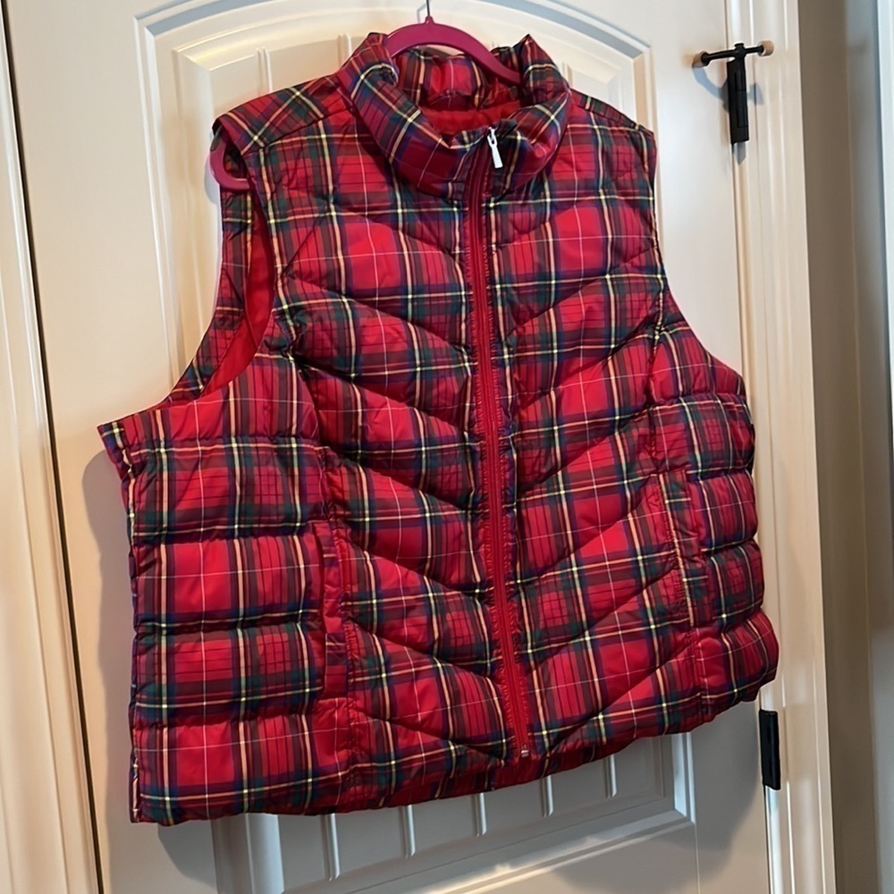 Red preppy classic plaid down filled NWT lands End zip puffer vest size 3XP - Picture 2 of 10